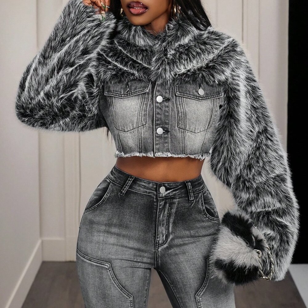 Casual Blue Women's Patchwork Denim Jacket with Faux Fur Collar